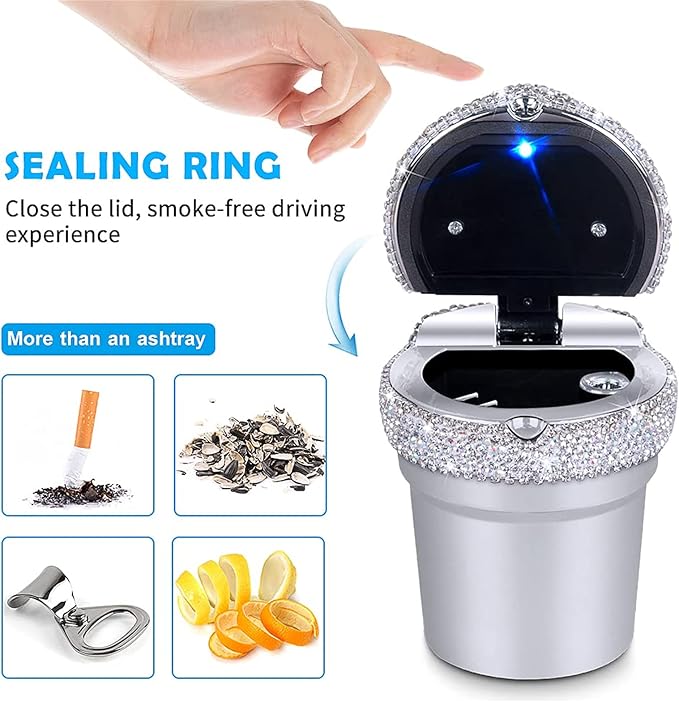 eing Car Ashtray Portable Bling Cigarette Smokeless Cylinder Cup Holder with Blue LED Light Indicator and 2 Replacement Batteries,Car Accessories for Women,Ideal for Car,Home and Office,1-Pack Silver