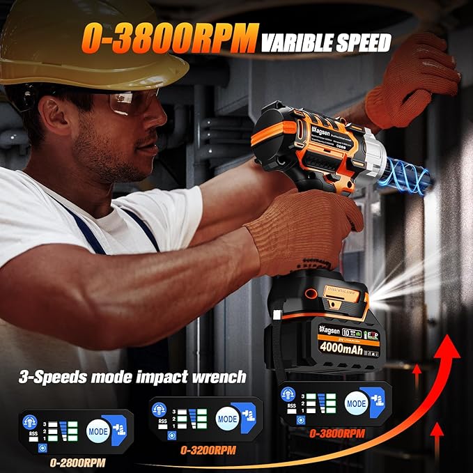 1/2" Cordless Impact Wrench, 900Ft-lbs (1200N.m) Brushless High Torque Impact Gun,3800RPM,3 Variable Speeds,LED Light,2x4000mAh Battery, 5 Sockets,Electric Impact Gun for Car/Mower/Pickup