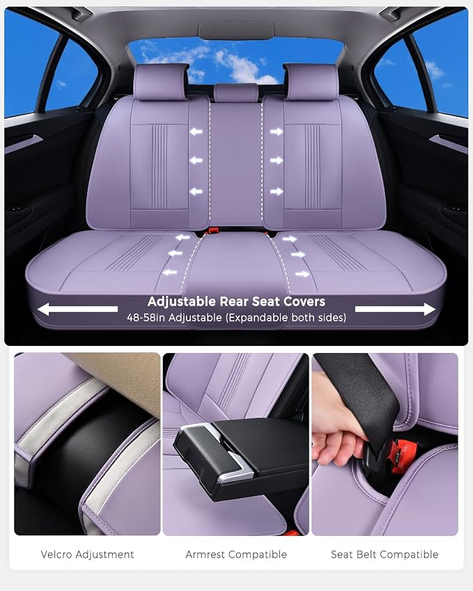 Huidasource Purple Back Seat Cover, Nappa Leather Rear Seat Cover with Ventilation Holes, Velcro Adjustable, Compatible with Seat Belts, Child Safety Seats, for Most Cars SUV Truck, Purple