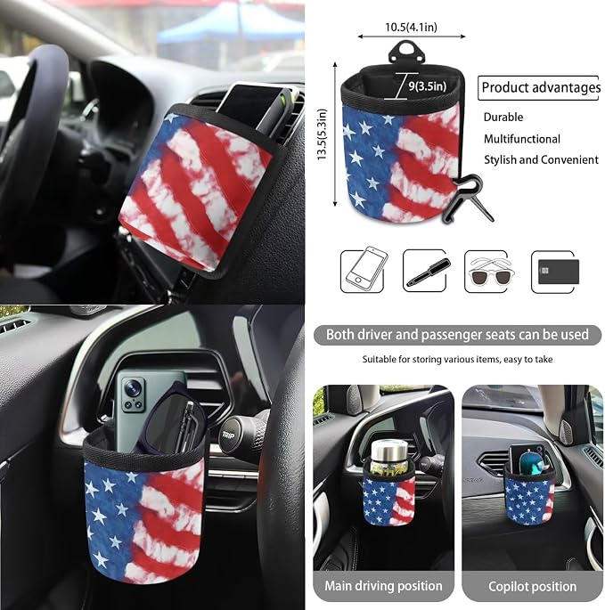 American Flag Pattern Car Accessories Set of 15, Full Set Seat Covers for Cars Steering Wheel Cover Seat Belt Cushion Car Trash Can Air Vent Storage Bag Cup Coasters Universal Fit