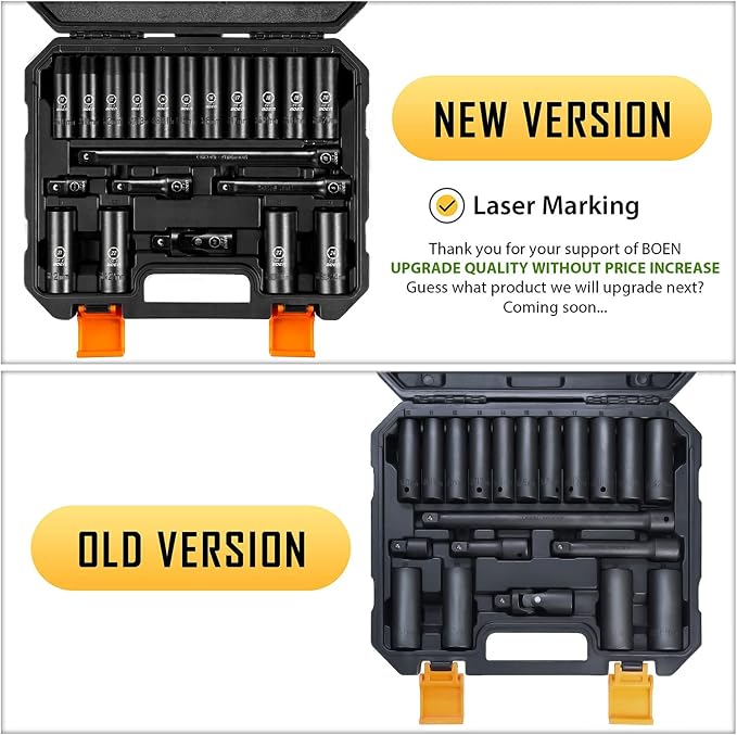 Boen 35 Pieces Impact Socket Set, 1/2 Inch Drive & 3/8 Inch Drive SAE (1/4" to 1") and Metric (10-24mm), Extension Bars, Universal Joint and Adapter, 6 Point Design, Meets ANSI Standards