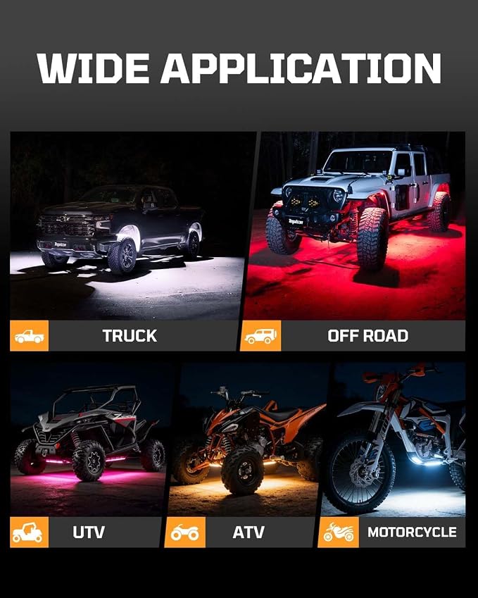 RGB Rock Lights for Trucks Jeep, 12 Pods with APP & RF Control, Pure White & 16M Colors, 20+ Dynamic Modes, Music & Voice Sync, IP67 Waterproof, Includes 6x6.7ft Extension Wires