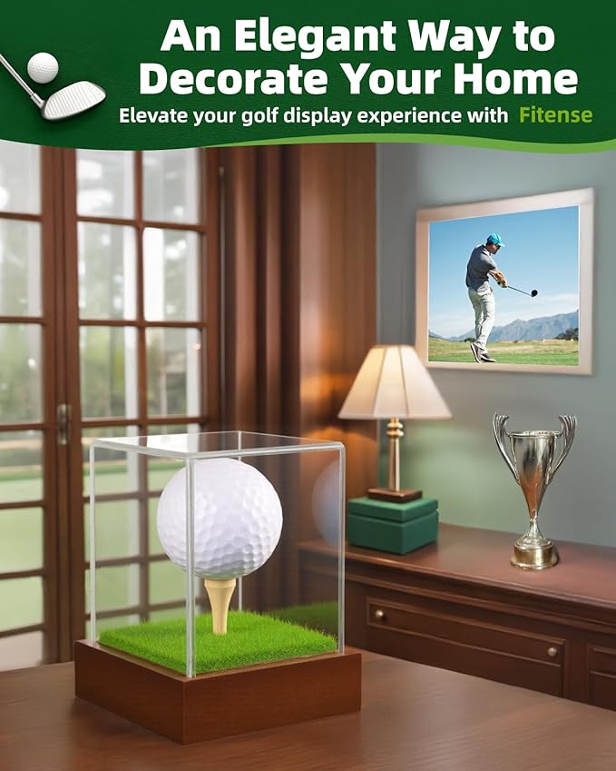 Fitense Golf Ball Display Case - Clear Acrylic Cube with Solid Wood Base & Tee, Anti-Dust Transparent Holder for Single Golf Ball, Ideal for Collectibles, Souvenirs & Gifts, Display Special Golf Balls