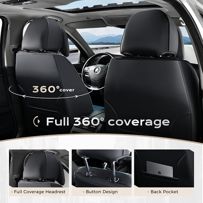Coverado Seat Covers Full Set, Seat Covers for Cars, 5 Seats Waterproof Nappa Leather Car Seat Covers with Head Pillow, Seat Protectors Car Seat Cushion Universal Fit for Most Cars (Black&Blue)