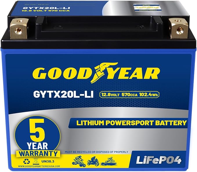 Goodyear GYTX20L-LI Lithium LiFePO4 12.8V 570CCA Rechargeable High Performance Powersport Battery with Smart BMS Replacement for Motorcycle, ATV, UTV, Scooter, Watercraft, Jet Ski, and Snowmobile