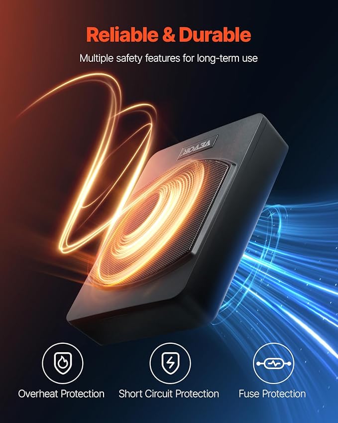 VEVOR 10" 240W Underseat Car Subwoofer, Slim Powered Car Subwoofers Under The Seat, Low Profile Audio Sub Built-in Amplifier, High/Low Level Input & Volume Controller for SUVs, Car, Truck, RV