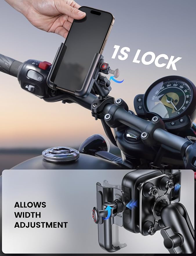 Lamicall Motorcycle Phone Mount Holder - [All Metal] [Anti Shake] [Extendable Arm] Bike Phone Holder Handlebar Clamp, Bicycle Cell Phone Mount, Gifts for iPhone 17 16 Pro Max, Galaxy, 4.7-7.2" Phones