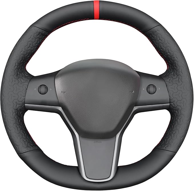 MEWANT Hand Stitch Black Geometric Embossed Faux Leather Steering Wheel Cover for Tesla Model Y 2023 Model 3 2017-2023