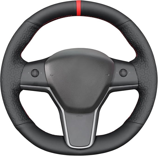 MEWANT Hand Stitch Black Geometric Embossed Faux Leather Steering Wheel Cover for Tesla Model Y 2023 Model 3 2017-2023