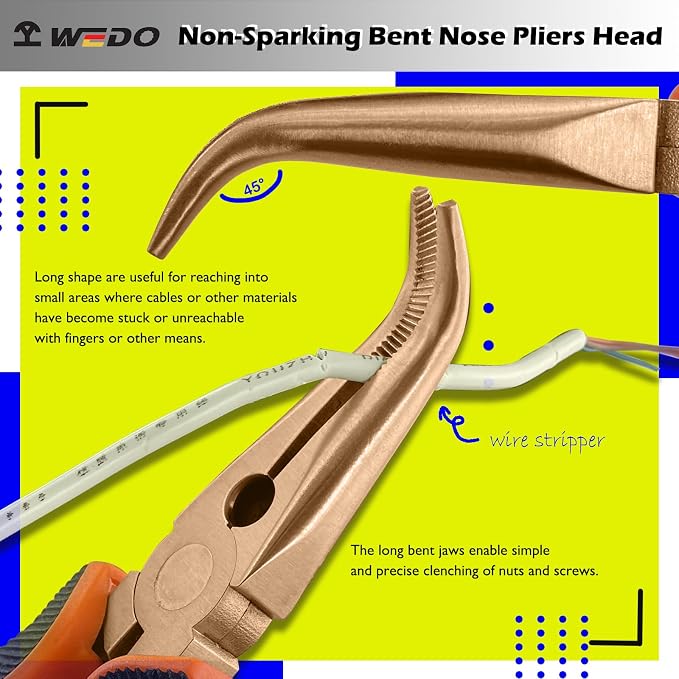 WEDO 6”Non-Sparking Bent Needle Nose Pliers 45 Degree,Long Nose Pliers, Wire Cutters,Used for Cutting Clamping Pinching Jewelry Making,Beryllium Copper,DIN Standard,BAM & FM Certificate,Length 150mm
