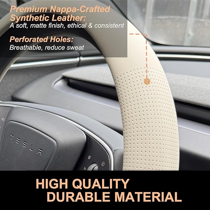 PINCTROT Nappa Leather Steering Wheel Cover for Tesla Model Y/3 Highland/Juniper, D Shaped 14 Inch Small Sized with Breathable Perforation, Fit Like Gloves, Flat Bottom 14 Inch(Nappa Beige)