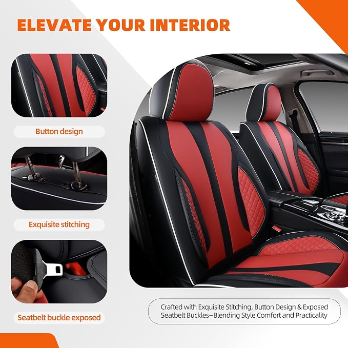 2-Seater Car Seat Covers Full Set, Fit for Front Seats of Cars, Waterproof and Breathable Nappa Leather, Compatible with Airbags, Car Seat Protector Covers for Most Cars - Black Red