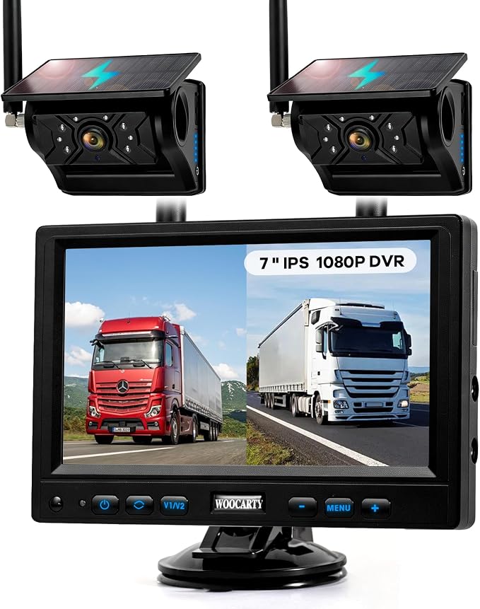 2 Solar Magnetic Wireless Trailer Camera System, 7" IPS DVR Screen + Solar Powered Night Vision Rear Camera, 100% No Wiring Waterproof Backup Camera System for RV Truck Trailer Hitch, BS2