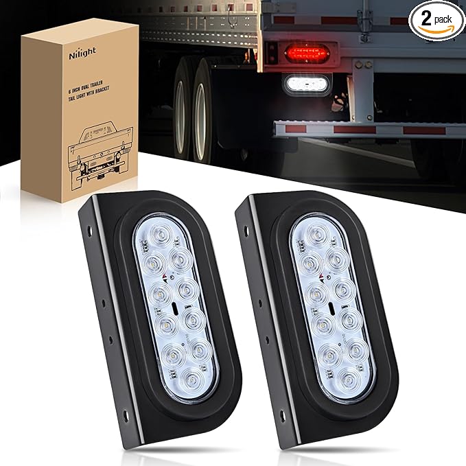 Nilight 6 Inch Oval Trailer Tail Light with Flush Mount Grommets Plugs w/Mounting Brackets 2PCS White Waterproof Reverse Back Up Lights for RV Truck