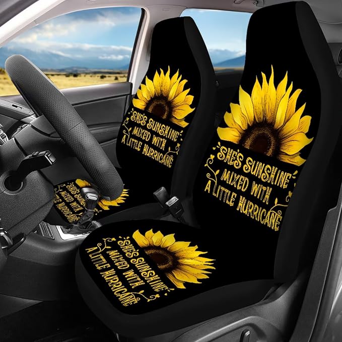 She's Sunshine Sunflower Car Seat Covers Full Sets of 17 Pcs Sunflower Car Accessories Set with Front and Split Rear She's Sunshine Car Floor Mats Seat Belt Cover Pad Universal Fit Car SUV