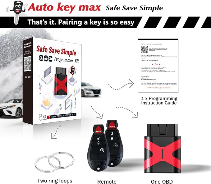2 Programmable Keyfob, Replacement Car Keys Fob and DIY Programmer Kit for 2008-2012 Dodge RAM/Charger/Challenger Remote Star IYZ-C01C