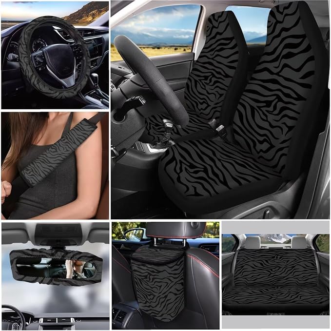 Black Zebra Car Seat Covers Set of 12 Steering Wheel Cover Seat Belt Pads Car Trash Can Car Rear View Mirror Cover Car Cup Coasters Universal Vehicle Accessories Car Interior Automotive