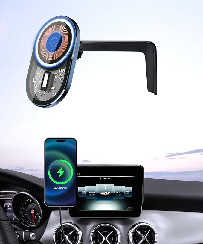 Wireless Charging Car Phone Holder for Mercedes Benz CLA-Class 2015-2019 / GLA-Class 2016-2020, 7/8" Screen Fixed Clip, 360° Rotation Car Phone Mount Compatible with MagSafe