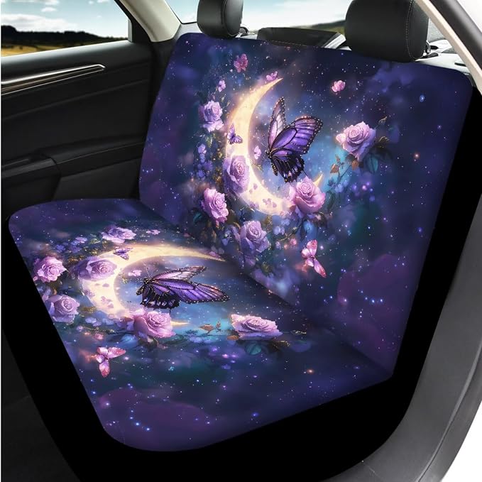 Bulopur Floral Butterfly Car Seat Covers Set with Armrest Cushion Pad Non-Slip Vehicle Seat Belt Shoulder Strap Covers Headrest Covers Coasters Vehicle Interior Decor Set for Van Sedan SUV 14 Pieces