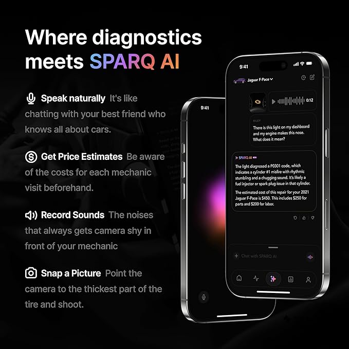 SPARQ AI OBD2 Scanner Diagnostic Tool Bluetooth Compatible with iPhone/iOS, Your Personal Car Mechanic, Track History & Recalls, Scan & Clear 50K+ Codes for Non EV Vehicles 2008+ No Subscription Fees