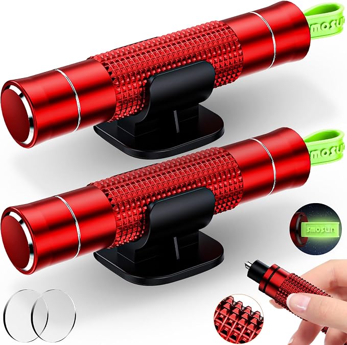 smosun Safety Hammer - Safe Hammer Glass Breaker Under Water, Upgraded Antiskid, Car Hammer Seatbelt Cutter Car Window Breaker Emergency Escape Tool, Safe Hammer Glass Breaker for New Cars (2PCS Red)