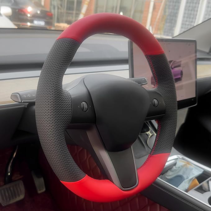 MEWANT Hand Stitch Black Red Faux Leather Steering Wheel Cover Wrap for Model Y 2020-2023 Tesla Model 3 2017-2023