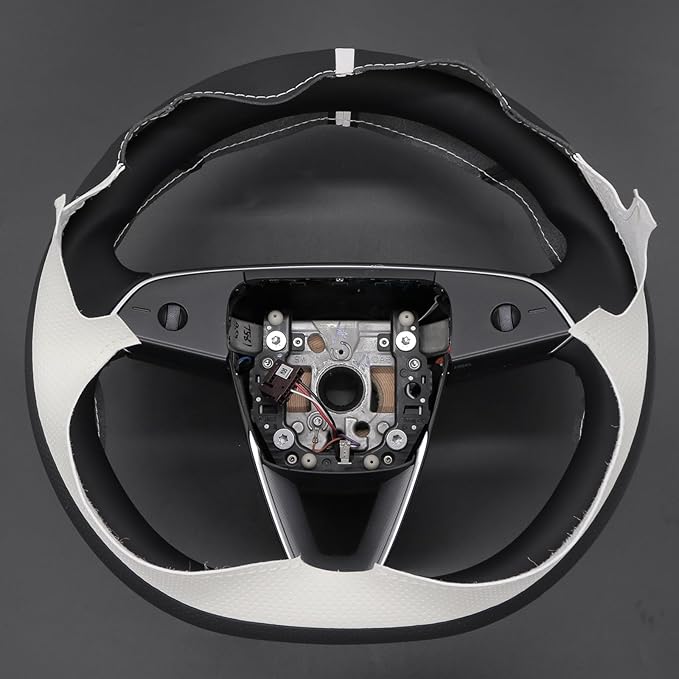 MEWANT Hand Stitch White Black Faux Leather Steering Wheel Cover Wrap for Tesla Model 3 Highland 2025 Model Y Juniper