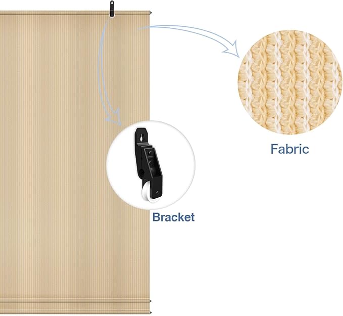 E&K Sunrise 5'W x 7.5'H Roll Up Outdoor Roller Shade Blind Sun Shade UV Block for Patio, Porch, Backyard, Gazebo, Deck, Pergola (Beige)