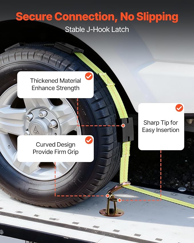 VEVOR Wheel Chock Tie-Down Kit, Deck-Style Trailer Tie Down Strap, Car Tie Down Kit with J-Hook, Break Strength 10009 lbs & Working Load 3333 lbs Motorcycle System for SUVs, Trailers, Trucks
