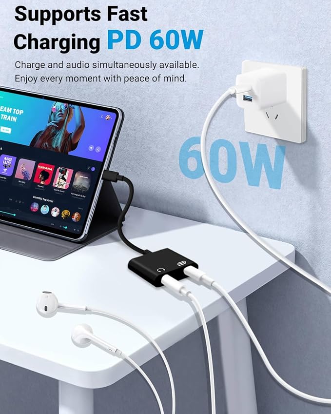 Seulliya USB C to 3.5mm Headphone Jack and Charger Adapter, 2-in-1 Audio & Fast Charging Splitter for Apple iPhone 17/16/15/Pro/Pro Max, iPad, Samsung, Pixel, and More 5Pack Black