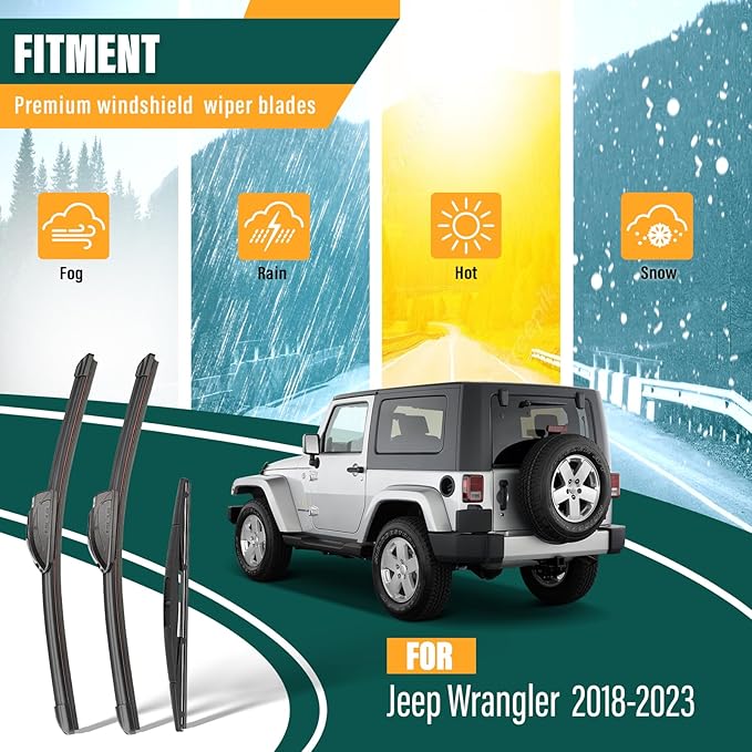 Windshield Wiper Blades Replacement for Jeep Wrangler JL 2018 2019 2020 2021 20222 2023 Original Factory Quality Front Rear Wiper Blade Set - 16" 16" 12" (Set of 3)