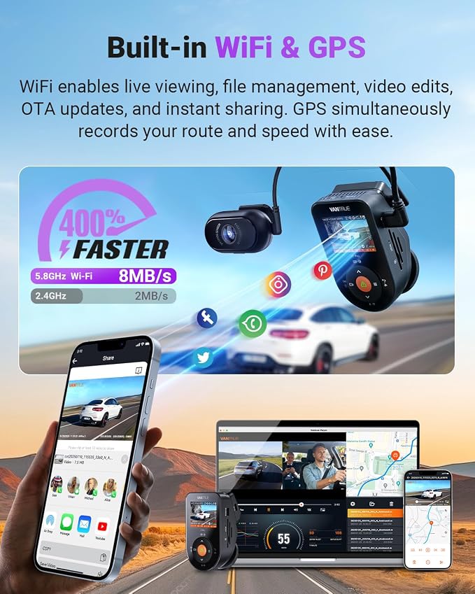 Vantrue S1 Pro DMS AI Dash Cam Front and Inside, ADAS, DMS, 2.7K 2 Channel Dash Camera, STARVIS 2 Dashcam, HDR Night Vision, 5G WiF i& GPS, APP/Voice Control, 24/7 Parking Mode, 1TB Max