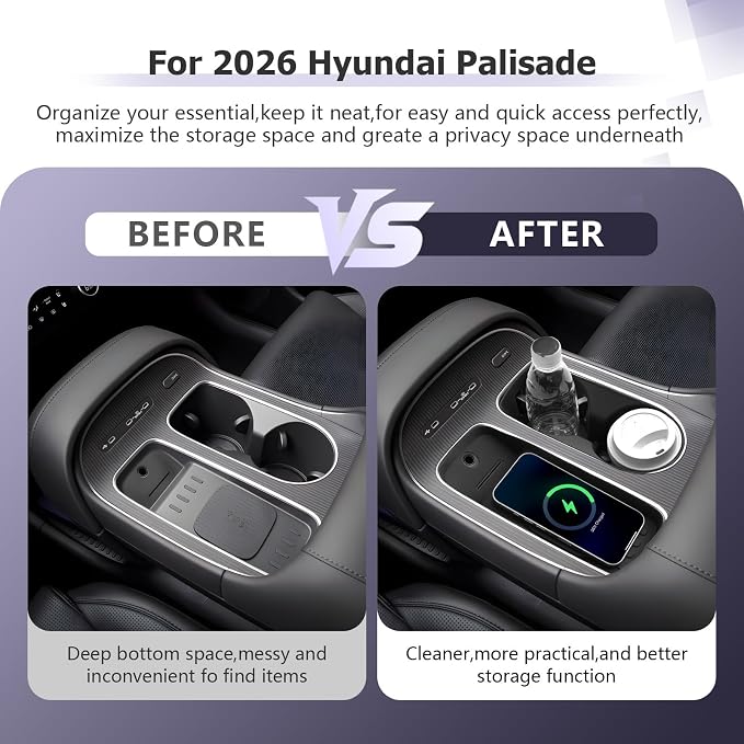 LUWU 2026 Palisade Accessories Compatible with 2026 Palisade SE/SEL/XRT/Limited/Calligraphy Accessories Center Console Silicone Cup Holder Insert, Wireless Charging Anti-Slip Mat 2PCS(Only for 7-Seat)
