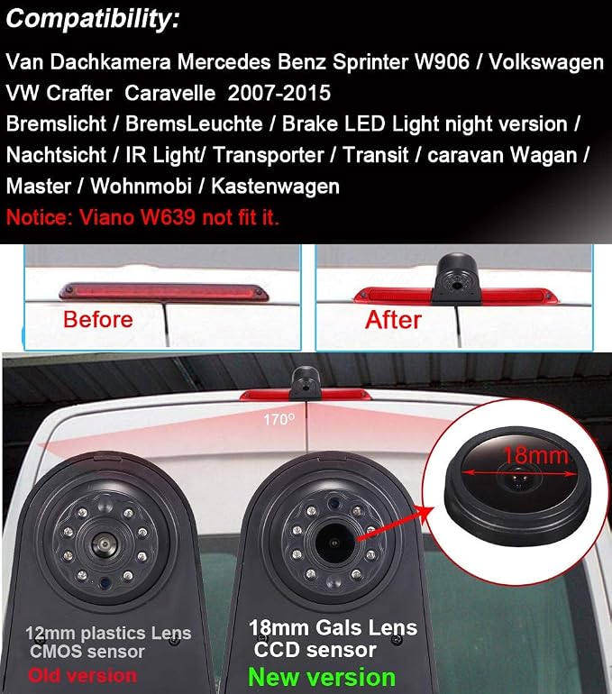18mm HD Car Third Roof Top Mount Brake Light 3 Rear View Camera Parking Safety Assistant System, Night Vision Waterproof for VW Crafter Caravelle/Mercedes Benz Sprinter W906