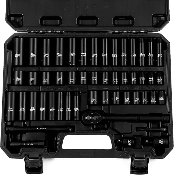 Reniteco 50-Piece 3/8" Drive Socket Set, SAE (5/16"-3/4") & Metric (8mm-22mm), Deep & Shallow, 72-Tooth Ratchet Wrench, Extension Bars, 1/2" F to 3/8" M Reducer, Universal Joint & Power Drill Adapter