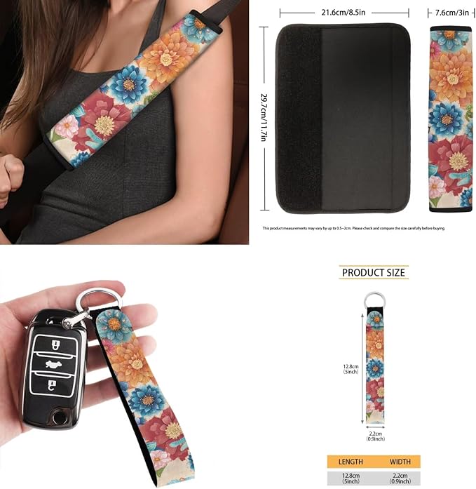 Boho Floral Dragonfly Car Seat Covers Set of 15 with Universal Steering Wheel Cover, Rearview Mirror Cover, Car Trash Can, Seatbelt Pads, Cup Holder Coasters, Keychains