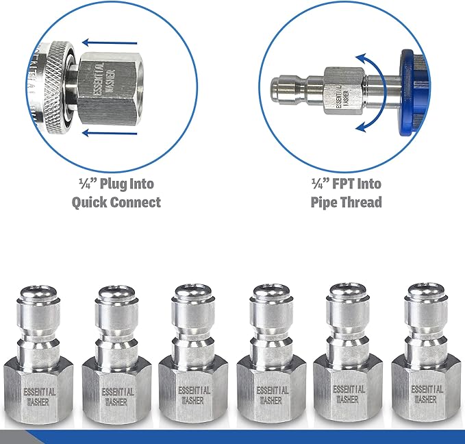Essential Washer Stainless Steel ¼” Plug Female NPT | Pressure Washer Quick Connect Fittings | 5000 PSI | Set Of 6