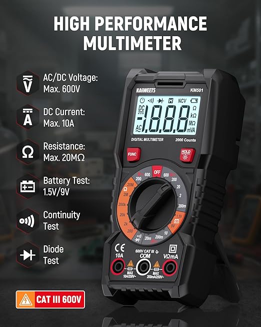 KAIWEETS Electrical Test Kit KIT01, Digital Multimeter, Smart Non-Contact Voltage Tester & GFCI Outlet Tester with LCD, Complete Set with Carrying Case & Batteries for Electrician, DIY & HVAC