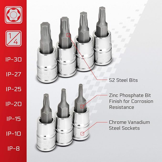 CARBYNE 13-Piece Torx Plus Bit Socket Set, 6 Lobe, TP-8/IP-8 to TP-60/IP-60, S2 Steel Bits, CrV Sockets, 1/4 in. 3/8 in. 1/2 in. Drive, Zinc Phosphate, Genuine Licensed Torx