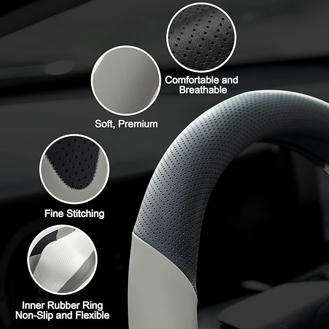 West Llama Customized Auto Car Steering Wheel Cover for Toyota Camry 2006-2026, Microfiber Leather, Anti-Slip, 14.5-15inch, Black + Grey