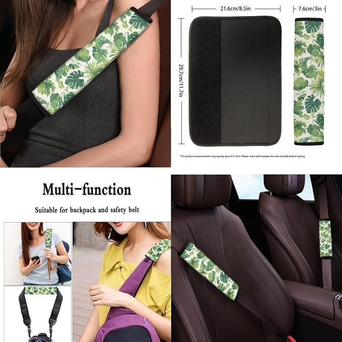Monstera Universal Car Seat Covers 13 Set, Tropital Palm Leaf Car Accessories for Front Rear Seat Cover, Green Ocean Island Plants Steering Wheel Cover Seat Belt Pads