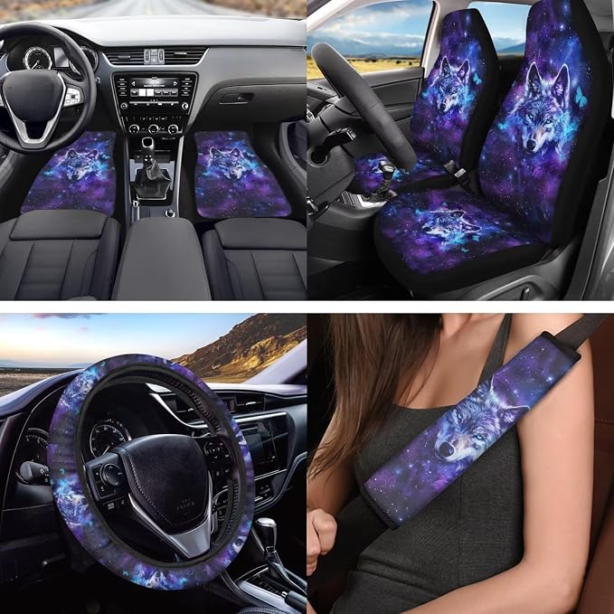 18 Pcs Wolf Butterfly Print Car Accessories Set Car Seat Covers Auto Steering Wheel Cover Floor Mats Seat Belt Pads Armrest Pad Covers Roof Handle Wraps Cup Coaster Keychain