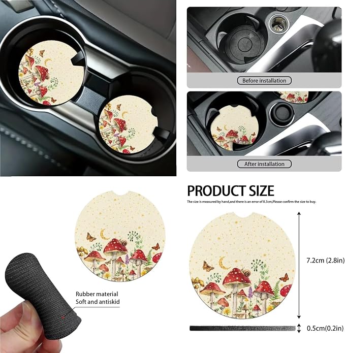 Mushroom Snail Moon Stars 15Pcs Car Seat Cover Full Set Car Steering Wheel Cover Seat Belt Cover Trash Bin Air Vent Storage Box Front Rear View Mirror Car Cup Holder Keychain