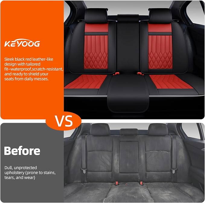 5-Seater Waterproof and Breathable Nappa Leather Car Seat Covers Full Set, Fit for Front and Rear Seats of Cars, Compatible with Airbags, Car Seat Protector Covers for Most Cars - Black Red