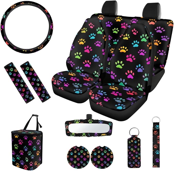 Colorful Dog Paws 12 Pack Automobile Seat Cover Car Steering Wheel Cover Car Seat Belt Cover Car Trash Can Car Rear View Mirror Cover Car Cup Coasters Keychain Holder Keychains