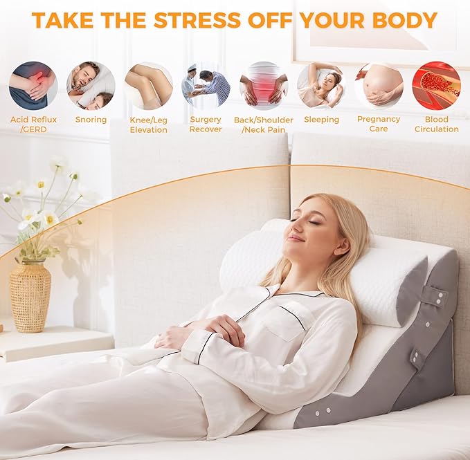 Ruqmuis 4PCS Wedge Pillow Set for After Surgery, Adjustable Back Pillow for Bed Sitting up, Acid Reflux, Bed Wedge Pillow Headboard for Sleeping & Snoring, Orthopedic Pillow for Post Surgery, White