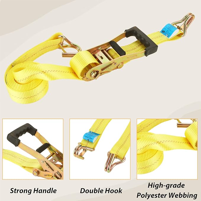 4 Set Heavy Duty Car Trailer Tie Down Straps - 2" x 10' Ratchet Straps, J-Hooks with Clip, 2" x 36'' Axle Strap for Car, Truck, UTV Transport, 10,000lbs Break Strength