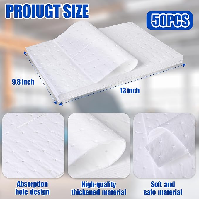 Oil Absorbent Pads - High Absorbency Microfiber Polypropylene Absorbing Pads, Oil Spill Mat for Oil-Based & Water-Based Fluids, Gray, 13" x 10" (50 White, 13'' x 10'')