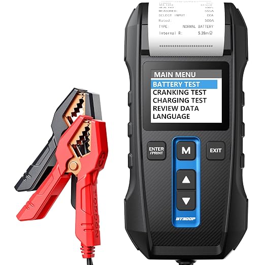Car Battery Tester 12V 24V 100-2000CCA Lead-Acid Battery, TOPDON BT300P Alternator Tester, Load Tester, with Built-in Printer, Spark Free Metal Clamps, 10 Rolls Cash Register Thermal Paper