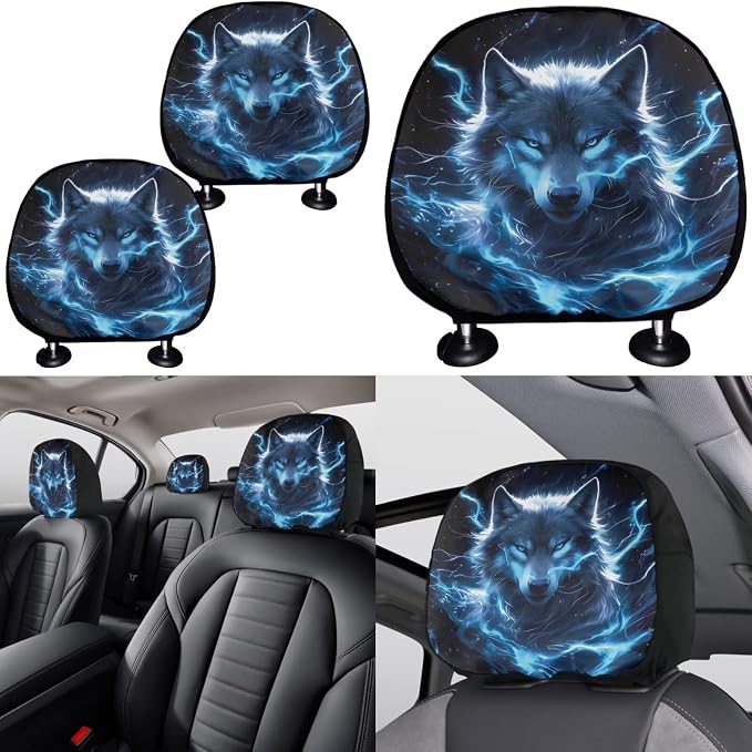 KEIAHUAN Blue Wolf Car Seat Cover Full Set for Men Includes Steering Wheel Covers, Car Holder, Handbrake and Gear Shift Knob Cover, Soft Auto Seat Head Rest Cover 11 Pieces